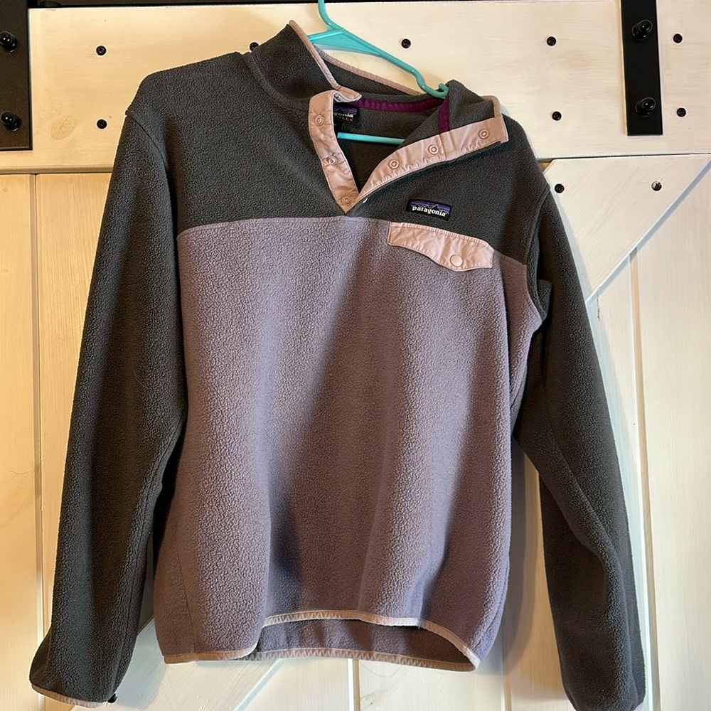 purple and grey patagonia quarter zip